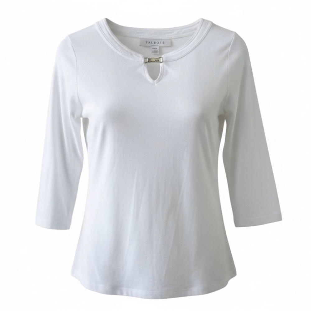 Talbots White 3/4 Sleeve Top with Decorative Clasp Size Small